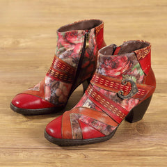 Socofy Retro leather stitching high ethnic style flower women's boots