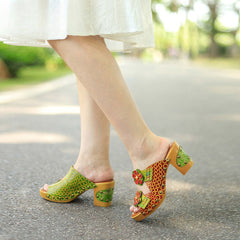Socofy Spring and summer genuine leather retro flower comfortable thick heel high heel sandals