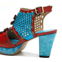 Socofy summer genuine leather retro hollow design high heel sandals