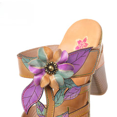 Socofy Vicconfy Flower Patchwork Head Cowhide High Heel Women's Sandals Slippers
