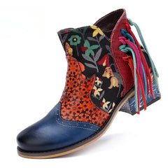 Socofy Vicconfy Leather Printed Fringe Cowboy Boots