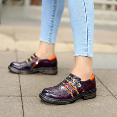 Socofy Genuine Leather Colourful Rope Deco Ethnic Printed Women's Flat Shoes