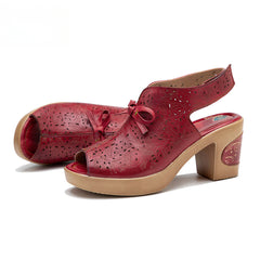 Socofy Summer Leather Retro Hollow Out High Heel Sandals