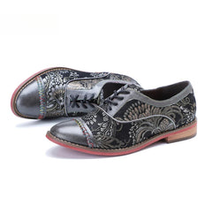 Socofy Handmade Leather Vintage Lace-Up Flats Loafers Shoes