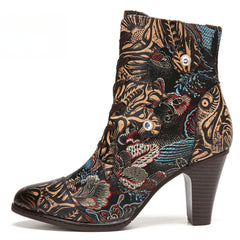 Socofy Vintage Pointed Embroidered Flowers Women's Fashion Boots