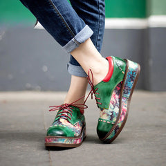 Socofy Vicconfy Retro Muffin Heel Comfortable Printed Round Toe Leather Women's Shoes Loafers