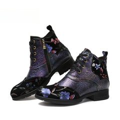 Socofy Vicconfy Genuine Leather Ethnic Illusion Blue Purple Vintage Ankle Boots