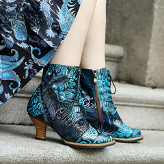 Socofy Autumn and Winter Printed Retro Lace-up Short Heel Women's Boots