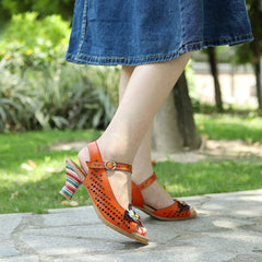 Socofy Summer Genuine Leather Hollow Three-dimensional Flower Comfortable Women's High Heels