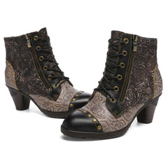 Socofy Vicconfy Retro Handmade Leather Patchwork Ankle Boots