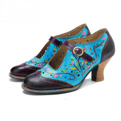 Socofy genuine leather hand-rubbed hollow flower high heels for women