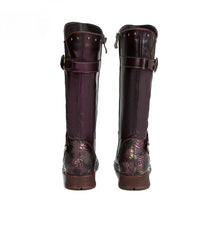 Socofy Vicconfy Side Zipper Vintage Floral Flat Heel Long Boots