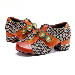 Socofy Genuine leather vintage plaid three-dimensional flowers pumps