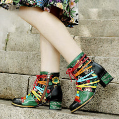 Socofy Vicconfy Handmade Genuine Leather Printed Patchwork Colorful Strappy Chunky Heel Women's Boots