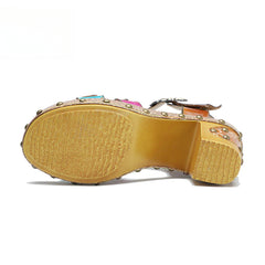 Socofy Summer Leather Retro Rivet Clash Colour High Heeled Sandals