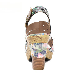 Socofy Vicconfy Leather Floral Heeled Black Sandals