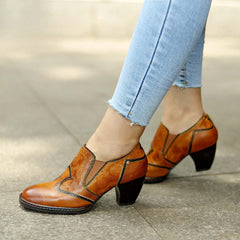 Socofy genuine leather retro style women's thick heel high heels