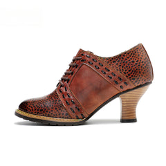 Socofy Leather Leopard Print Lace Up Women's High Heels