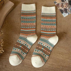 Socofy Vicconfy Mid-calf Socks Vintage Ethnic Striped Cotton Socks
