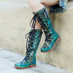 Socofy Genuine Leather Vintage Printed Wool Lace Up Comfortable Flat High Boots