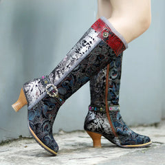 Socofy Genuine Leather Vintage Boots Warm Lace Side Heeled Boots