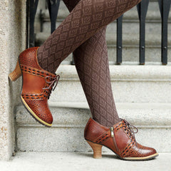 Socofy Leather Leopard Print Lace Up Women's High Heels