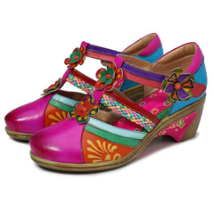 Socofy Summer Genuine Leather Casual Hook & Loop Hand-painted Sewing Retro Flower Women Sandals