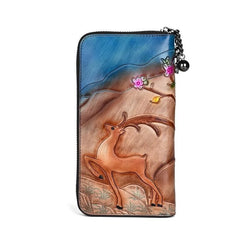 Socofy Long Wallets Vintage Woman Wallet Genuine Leather Phone Bag Lady Hand-painted Leather Purse