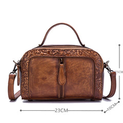 Socofy Genuine Leather Women Shoulder Bag Vintage Embossed Top-handle Bags For Female Hand-painted Retro Crossbody Bag Ladies