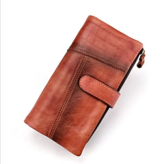 Socofy Vintage Cowhide Purse Oil Wax Skin Long Wallet Genuine Leather For Ladies Multi-card Splicing Wallet