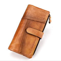 Socofy Vintage Cowhide Purse Oil Wax Skin Long Wallet Genuine Leather For Ladies Multi-card Splicing Wallet