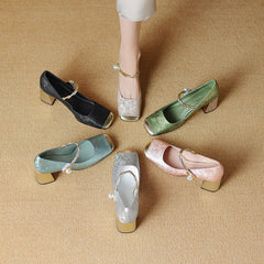 Socofy Square Toe Open Back Mid Heel Shoes