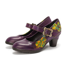 Socofy Vintage Cowhide Handmade Mid Heels