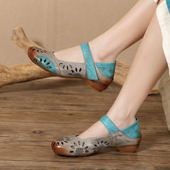 Socofy Retro National Style Handmade Leather Hollow Flats
