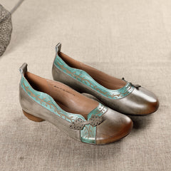 Socofy Handmade Leather Round Toe Low Heel Flats