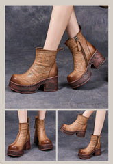 Socofy Vintage Leather Printed High Heel Short Boots