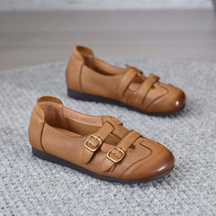 Socofy Vicconfy 2025 Summer Retro Leather Breathable Comfortable Soft Sole Casual Women's Flat Shoes