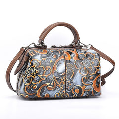 Socofy Full Grain Leather Retro Chinese Style Tote Bag