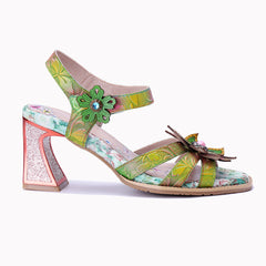 Socofy Summer Handmade Leather Vintage Flower High Heel Sandals