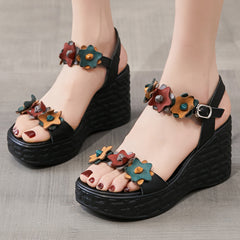 Socofy Retro Leather Flower Accent High Heel Peep Toe Platform Sandals
