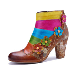 Socofy Handmade Leather Floral Side Zipper Short Boots