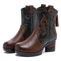 Socofy Full Grain Leather High Heel Short Boots