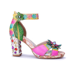 Socofy Summer Leather Flower High Heel Sandals