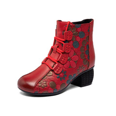 Socofy Top Grain Leather Chunky Heel Short Boots