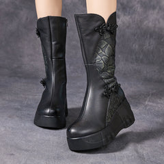 Socofy Top Grain Leather Winter Retro Floral Chunky Sole Mid Boots