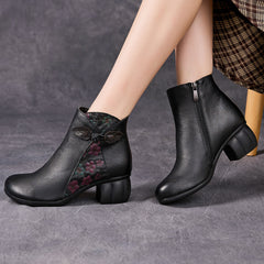 Socofy Full Grain Leather Mid Heel Short Boots