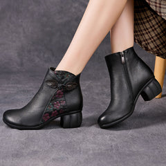 Socofy Full Grain Leather Mid Heel Short Boots