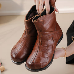 Socofy Top Grain Leather Flat Ankle Boots
