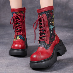 Socofy Full Grain Leather Retro Floral Thick Sole Short Boots