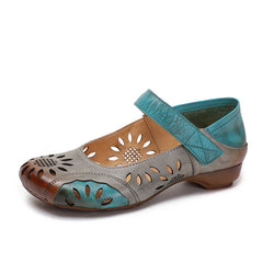 Socofy Retro National Style Handmade Leather Hollow Flats